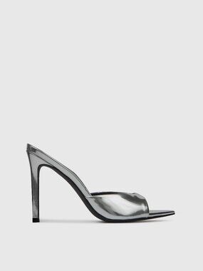 BLACK SUEDE STUDIO Brea Mule in Silver Mirror Metallic high heel open toe